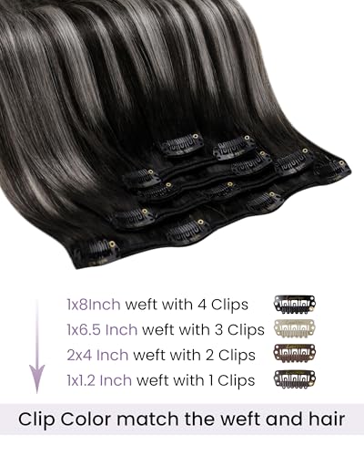 Image of LaaVoo Clip in Hair Extension Ombre Off Black to Black Mix Silver 5pcs | Human Hair Extensions Clip on Real Hair, Straight, Easy Wear, Natural, for Party, 18inch