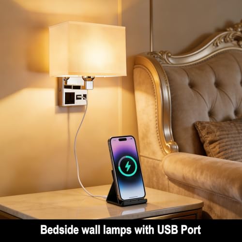 Image of Bedside Wall Mount Light with USB, LED Reading Swing Arm Fabric Shade Wall Sconce, Hardwired Wall Lamp for Bedroom, Living Room Hotel (Chrome)