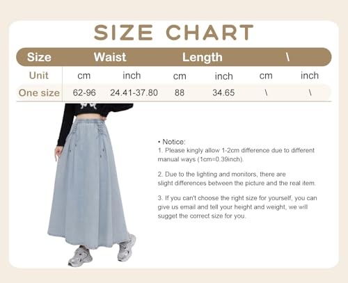 ebossy Women's Casual Cute Tie Front Denim Maxi Skirt Elastic Waist A-Line Pleated Flowy Jean Long Skirts2