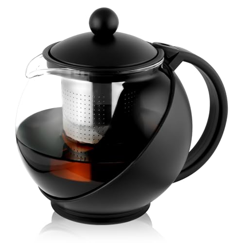 HOTUT Round Tea Pot 750 ml Glass Teapot Borosilicate Glass Tea Maker with Removable Stainless Steel Strainer and Glass Lid Heat Resistant Glass Jug for Preparing Loose Teas Flower Tea Drip-Free