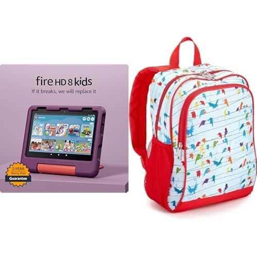 Amazon Fire HD 8 Kids tablet, ages 3-7 (32GB, Grape) + Backpack B...
