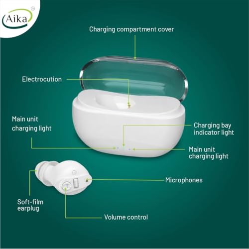 Image of AIKA AG-7901 Wireless Rechargeable Hearing Aid - Digital Sound Amplifier for Adults & Seniors with up to 65% Hearing Loss (White, Single Ear)