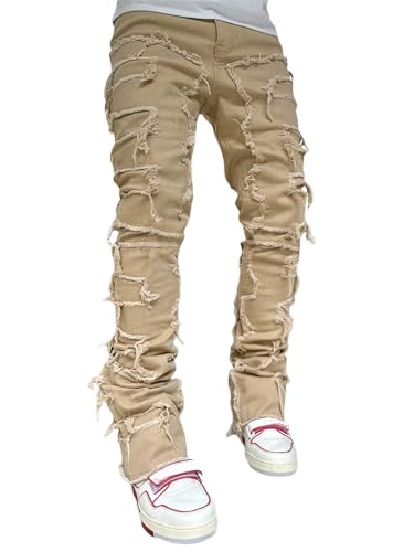 Image of SANSIWU Men's Khaki Stacked Ripped Skinny Jeans, Mid Rise, Stretch Fit, Straight Leg, Size L