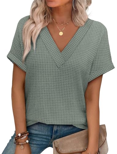 Spring Tops for Women Trendy Short Sleeve Blouses Waffle Knit Tops Business Casual Outfits Summer Tops V Neck T Shirts Loose Fit Green M