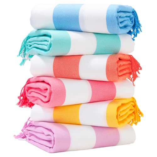 Genovega 6 Packs Oversized Stripe Turkish Beach Towel 74'x38' Thin Quick Dry Sand Free Pool Bath Swim Towels Extra Large XL Clearance Blanket Adult Travel Vacation Essentials Accessories