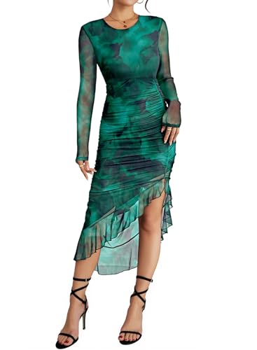 Pink Queen Women's Sexy Mesh Bodycon Dress Fall Long Sleeve Asymmetric Hem Ruffle Floral Print Party Club Ruched Midi Dresses