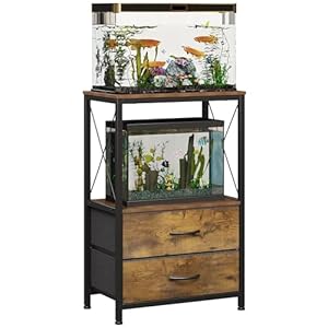 10 Gallon Aquarium Stand with 2-Tier Storage Shelf, Fish Tank Stand with 2 Drawers, Heavy Duty Metal Reptile & Turtle Tank Stand for Home or Office Supplies Storage (Rustic Brown)