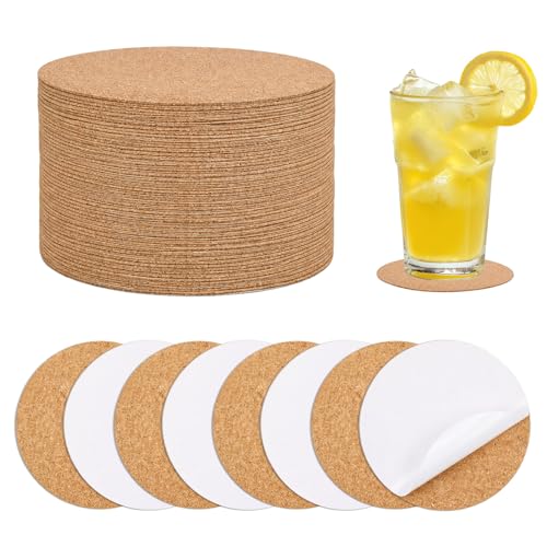Self-Adhesive Cork Coasters - 50 Pack 4 Inch Round Cork Backing for Coasters Self Adhesive Cork Sheets for DIY Crafts Tabletop Protection Drink Coasters (1mm Thick)