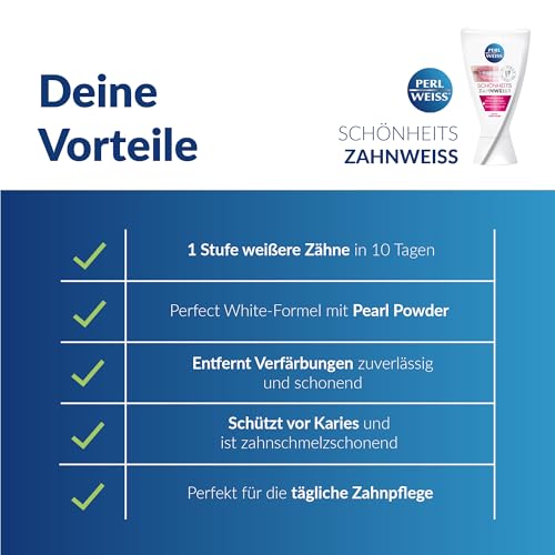 PERLWEISS Schönheits Zahnweiss Whitening Zahncreme - mit einzigartigem Pearl Powder gegen Verfärbungen - für sichtbare Zahnaufhellung, strahlenden Glanz & Zahnschmelzschutz, 50 ml