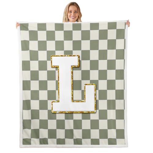 Image of Erosebridal Sage Green Checkered Fuzzy Plush Throw Plaid Initial L Fleece Blanket Personalized Monogram Sherpa Blanket for Kids Boys Girls,Fashion Grids Gingham Decor for Bed Couch Throw 50 inchx60 inch