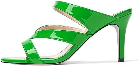SHOWFOREST Women's Round Toe Solid Slip On Party Patent Stiletto 3.3 Inch High Heel Casual Heeled Sandals Green Size 7 - Zapatos Tacon | Image 1