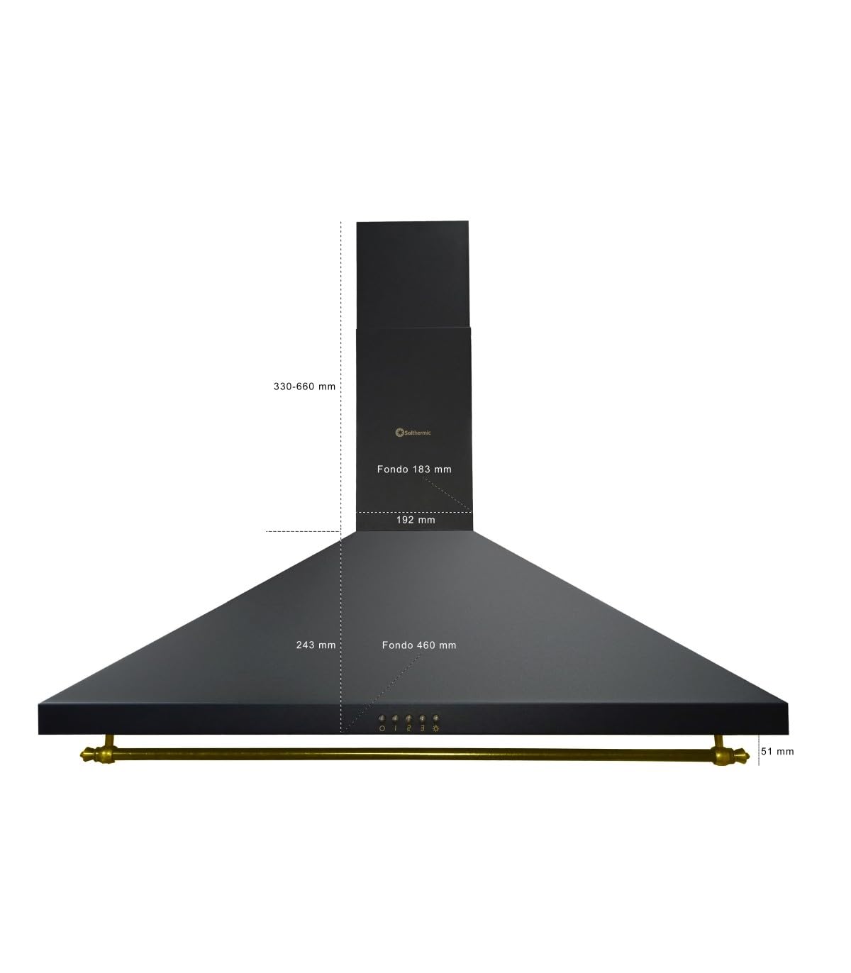 SOLTHERMIC H90PR CAMPANA DECORATIVA ESTILO RUSTICO NEGRA CON RIBETES DORADOS/ANCHO 90 CM / 2 LAMPARAS LED/FILTROS METÁLICOS / 550 m3, FILTROS LAVABLES ""ALTA GAMA""