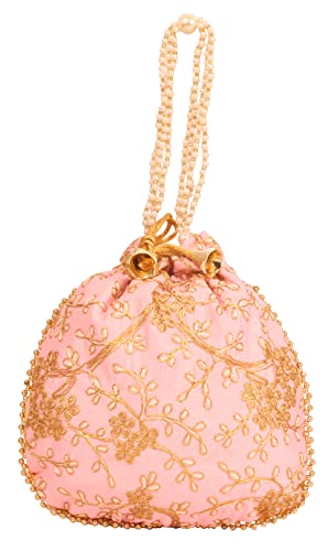 INDTRESOR beaded hand embroidered evening purse handbag vintage party wedding gift for women. Light Pink gold pearl