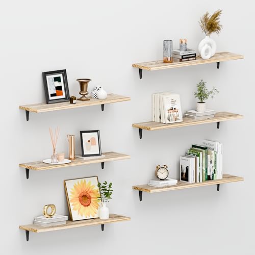 Image of SKYSEN Floating Shelves for Wall Set of 6, 23.6in Wood Wall Shelf for Decor, Bathroom, Bedroom, Storage, Book,Kitchen, Living Room - Rustic Brown(fs-60-l)