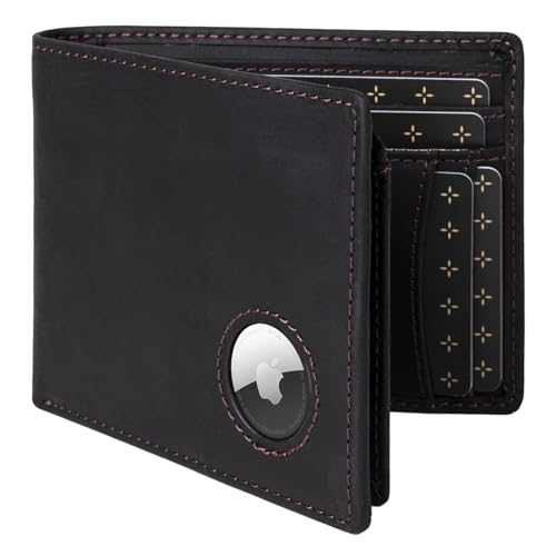 AirTag Wallet for Men, Premium Genuine Crazy Horse Leather Wallet with Air Tag Holder, RFID Blocking Bifold Full Grain Genuine Leather Wallet for Men (Black)