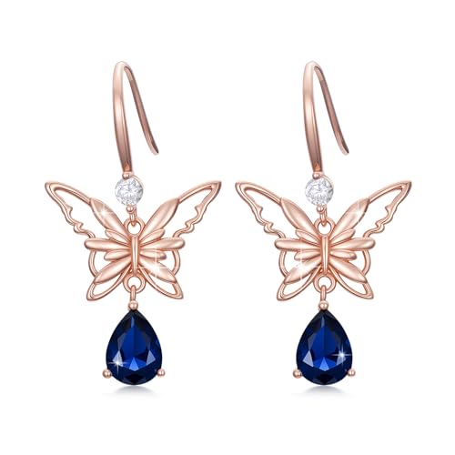 Boucles d'oreilles papillon argent 925 et or rose serties de zircon bleu