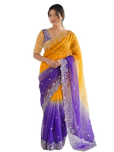 Image of SIRIL Women's Shimmer Chiffon Scalloped Border Sequins Embroidery Saree With Unstitched Blouse Piece