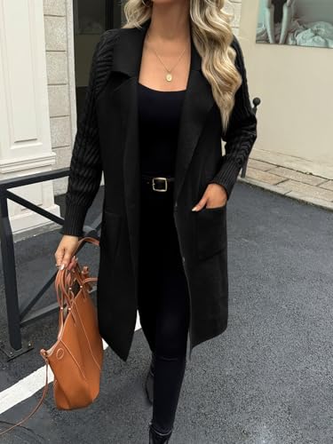 Saodimallsu Womens Long Cardigan Sweaters Chunky Knit Open Front Button Lapel Casual Fall Coatigan Jackets4