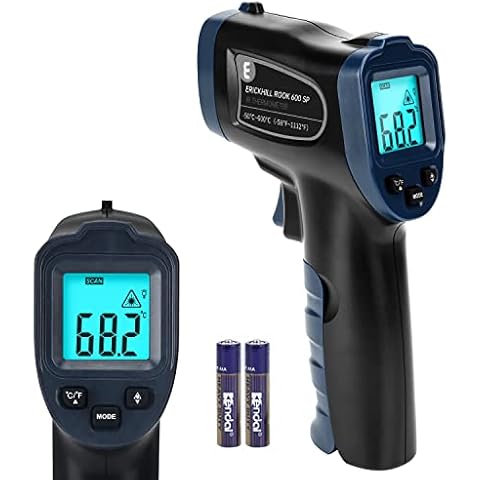 ERICKHILL Digital Infrared Thermometer -50℃~600℃ Non-Contact Laser Temperature Gun LCD Backlit Display Adjustable Emissivity - for Vehicle Repair/Cooking/BBQ/Freezer/Food, Black Blue, No Carry Bag Cover