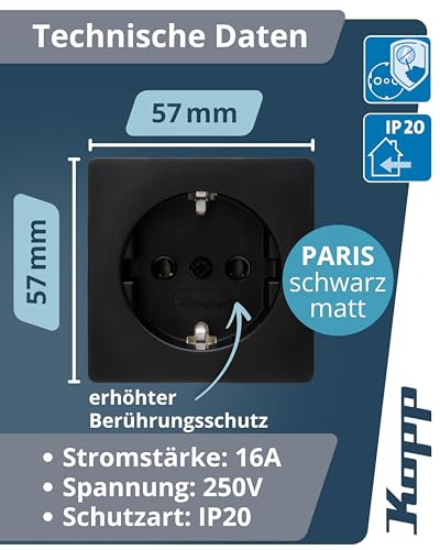 Enchufes negros mate Kopp Germany con protección infantil elevada en pack de 6 3