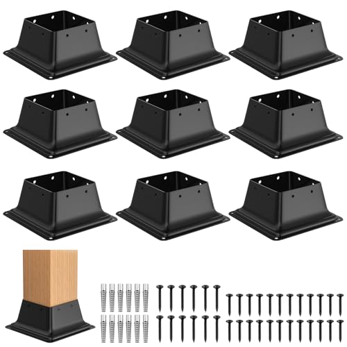 4x4 Post Base 9Pcs, Internal 3.5"x3.5" Heavy Duty Powder-Coated Steel Post Bracket Fit for Standard Wood Post Anchor, Decking Post Base for Deck Porch Handrail Railing Support with Screws