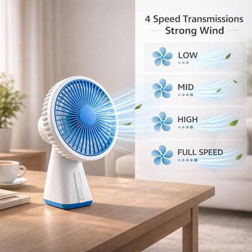 Image of REXERA ๐ inch ๐๐ง๐๐ก Rechargeable Desktop Mini ๐๐ฌ๐๐ข๐ฅ๐ฅ๐๐ญ๐ข๐ง๐ ๐
๐๐ง with ๐๐๐ Lighting | High Speed Rechargeable Table Fan for Home | ๐ ๐๐ฉ๐๐๐ Modes Portable fan for Kitchen Home (Blue)