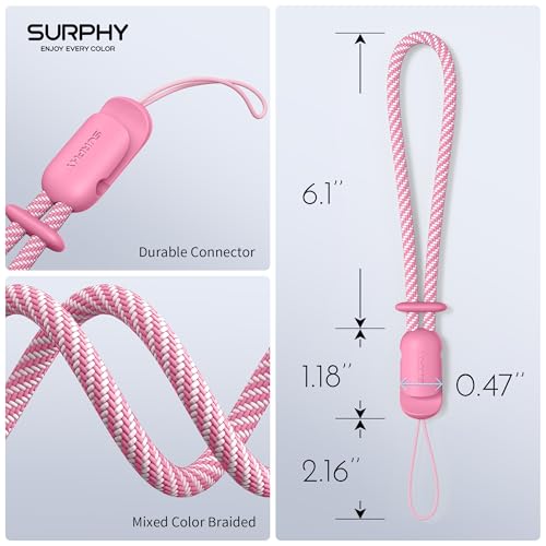Image of SURPHY 2 Pack Phone Lanyard, Phone Wrist Strap for Case, Camera Wrist Strap | Ultra-Light 2-Color Braided Phone Strap, Cellphone Charm Strap, Anti-Lost Wrist Lanyard for Women and Men, Rose Pink Gray