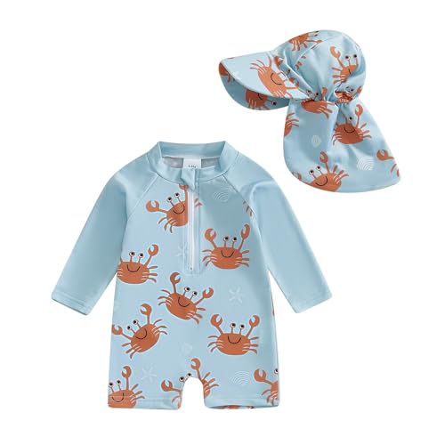 Loalirando Maillot de Bain Enfant Bébé Garçon de 2 Pièces Anti-UV, Combinaison Zippé à Manches Longues Imprimé + Chapeau à Large Bord (Bleu Crabe, 6-12...