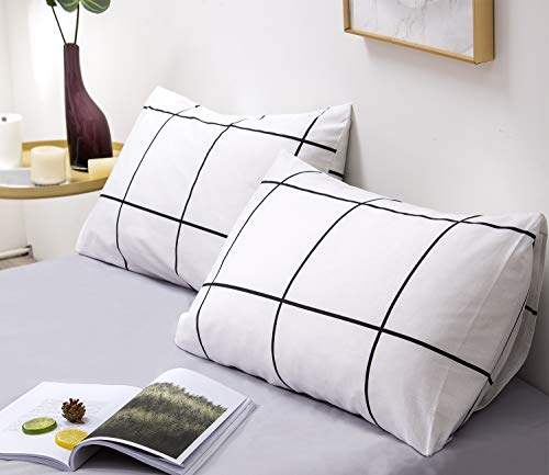 Image of KAREVER White Grid Comforter Set Big Grid Bedding Set King White Black Plaid Printed Stripes Women Checkered Comforters Bedding White Plaid King Comforter