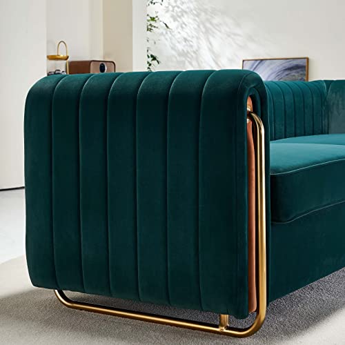 Image of Dolonm Modern Velvet Sofa for Living Room, 84 Inches Long Upholstered Sofa Couch with High Armrest and Metal Legs Decor Furniture for Bedroom, Office (Green)