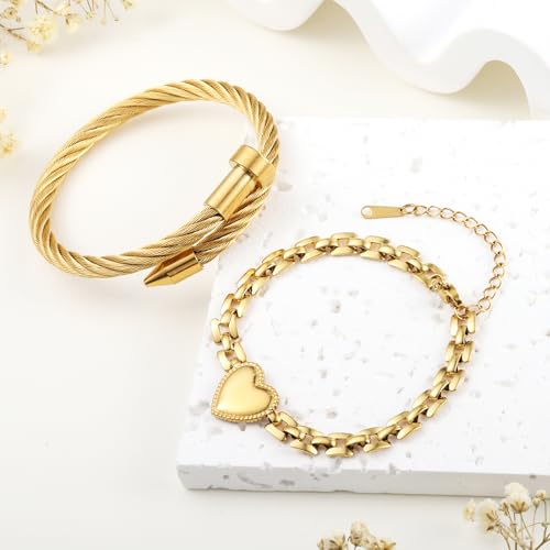 Save on 2PCS 18K Gold Plated Bangle & Chain Bracelet Set for Women