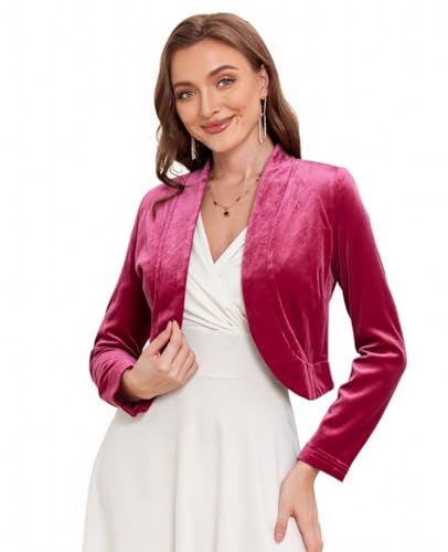 Image of Women's Long Sleeve Velvet Shrug for Dresses Cocktail Party Open Front Cropped Bolero Cardigan Top