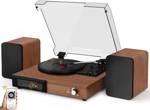 Forubar Vinyl Record Player with Stereo Speakers Turntable with Built-in Preamp S-Shaped Tonearm 33/45/78 RPM - Walnut