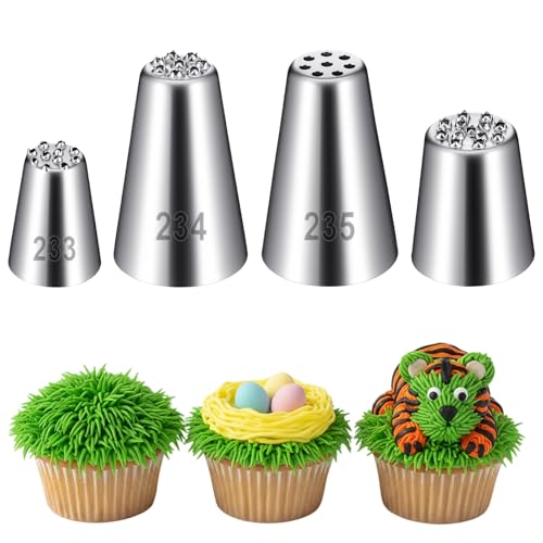 Elegaperma 4 pièces Grass Piping Tip en acier inoxydable, douilles en herbe, douilles pour poche à douille pour décoration de gâteau, pâtisserie, fondant, outils