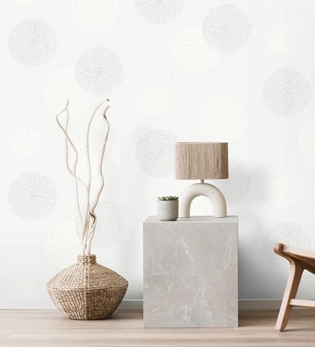 GAULAN 451900 Papier peint géométrique avec cercles et fleurs en relief gris clair pour mur salon cuisine bain chambre couloir meuble stanza salle à - Rouleaux de 10 m x 0,53 m