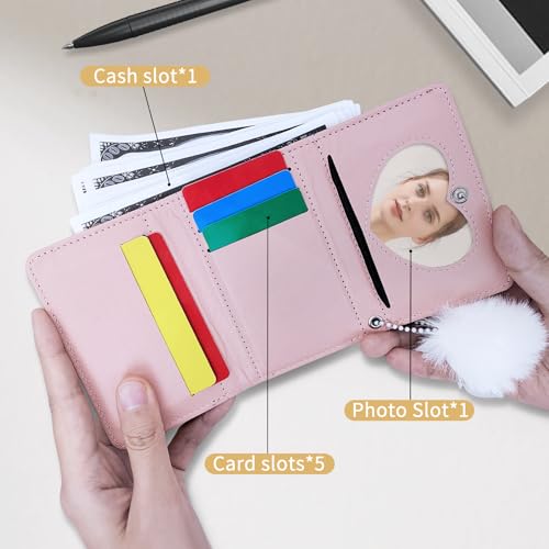 FuninCrea Wallet Women, PU Leather Womens Wallet Small Wallets with Multiple Card Slots, Portable Credit Card Holder for Women Ladies Wallet Cute Wallet with Heart ID Window Plush Ball (Pink)4