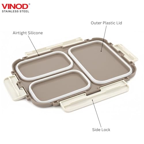 Image of Vinod GO-Tiffin Stainless Steel 3 Compartment Insulated Lunch Box | Grey | Leaf-Proof, Vacuum Sealed & Air Tight | Tiffin Box for Office, Kids & Adults | Freezer Safe | with Safety Lock
