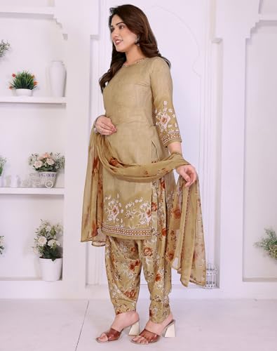 Image of Yashika Women's Printed Dress Material - Unstitched Crepe Fabric Kurti, Pants & Dupatta Set