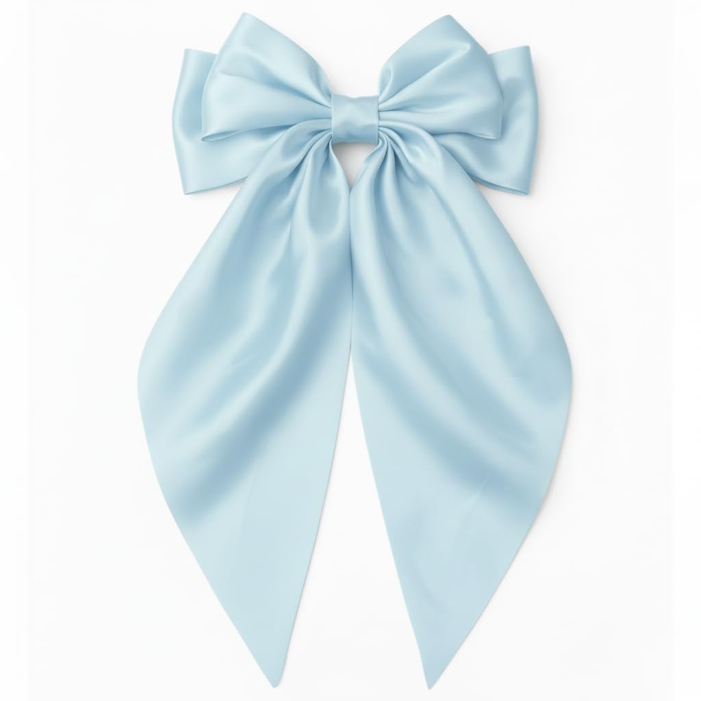 Bow Hair Clip with Long Tails for Women & Girls, Soft Satin French Barrette, Lightweight Hair Accessory for Everyday Wear & Gatherings – Light Blue