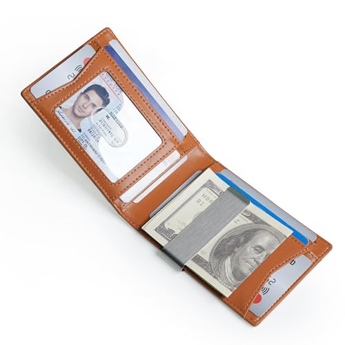 Image of Slim Bifold Wallet for man with Money Clip - RFID Blocking, Multiple Credit Card Pockets - Sleek and Versatile Design - Genuine Leather - Ideal for Cash and Cards (Beige - Brown)
