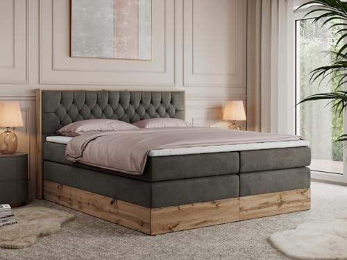 MKS MEBLE King Boxspringbett 180x200 mit Bettkasten und Kopfteil, Bonell Polsterbett mit Matratze H3 und Topper T25, Bett mit Holzrahmen in Wotan Eiche - Dunkelgrau Velvet - Amore King