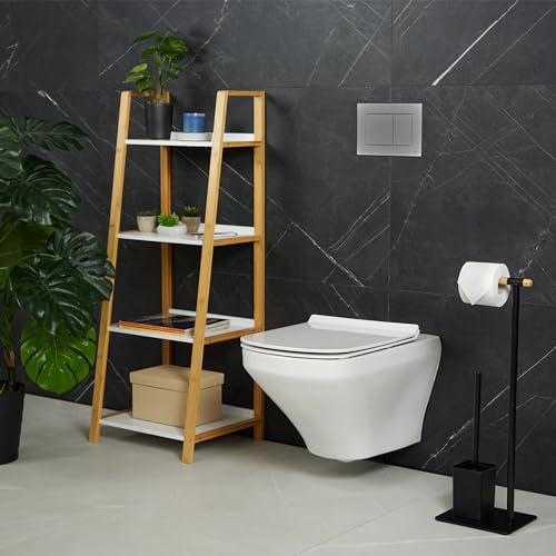 Image of Relaxdays WC Set, Bamboo, Stainless Steel, Free-Standing, incl. 2 Spare Heads, Toilet Roll & Brush Holder, Black /Natural, 64.5 x 22 x 18 cm