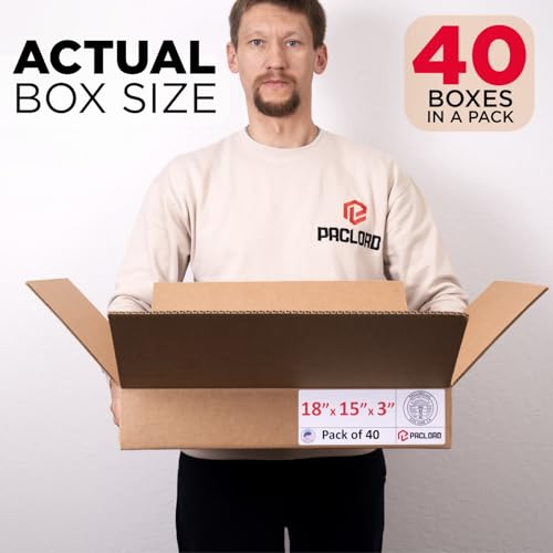 Image of Flat Cardboard Boxes 18 inchL x 15 inchW x 3 inchH (Pack of 40) - USA-Made Packing Boxes for Moving, Shipping, or Storage - USPS, UPS, FedEx Approved - Professional Packing Supplies for Moving | USA-Made Packing Boxes for Moving, Shipping, or Storage - USPS, UPS, FedEx Approved - Professional Packing Supplies