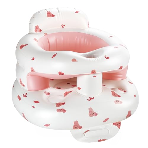 Inflatable Baby Seat with Tray, Comfortable Sit Me Up Floor Seat for Kids Learning to Sit, Portable Built in Air Pump Blow Up Baby Chair, Sitting Support Infant Chair for 3 Months Up (Pink Guardrail)