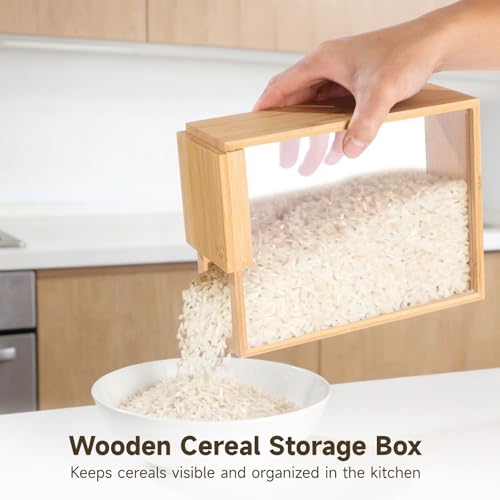 Image of 2 Pcs Wooden Cereal Storage Boxes, 8.7 x 6.8 x 3.1 in Dry Food Dispenser with Slide Lid, Visible Window, Wood Food Storage Container for Kitchen, Pantry Organization