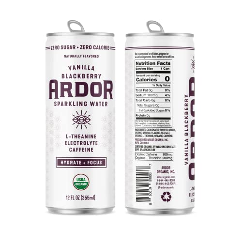 Ardor Vanilla Blackberry, Functional Sparkling Water W/ Organic Caffeine From Green Tea (Energy) & Organic L-Theanine (Focus/Calm). Zero Sugar, Zero Calories, Plant Based (12 Oz, 12-Pack) #TOP1