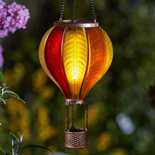 Festive Lights - 45cm Solar Power Sunset Stain Cool Fiesta Realistic Flame Outdoor Hanging SMD LED Hot Air Balloon Lantern - Amber Orange Glass Effect Flaming Garden Light with Handle