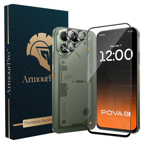 Image of ArmourPro Edge to Edge Tempered Glass for Tecno Pova 8 with Black Camera Ring Guard, 9H Screen Protector, Anti-Scratch, Anti-Fingerprint, Bubble-Free Installation Kit