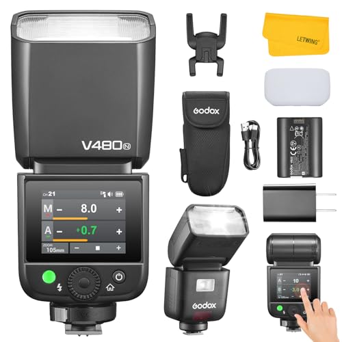 Godox V480 N V480-N TTL Flash for Nikon, 2.4G GN50 Speedlite for Nikon HSS 1/8000s, 650 Full Power Flashes, Smart Distance Readout, Lithium Battery, 2.0” Color Touchscreen, 10-Level Modeling Lamp
