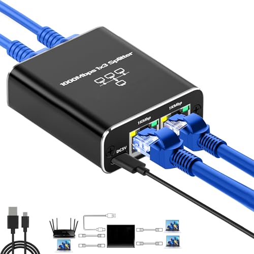 Image of Ethernet Splitter, Gigabit Network Port Splitter 1 in 3 Out, 1 Female to 3 Female High Speed LAN Internet Adapter with USB C Charging Cable, Plug and Play for Cat5 Cat5e Cat6 Cat7 Cat8 RJ45 Cord